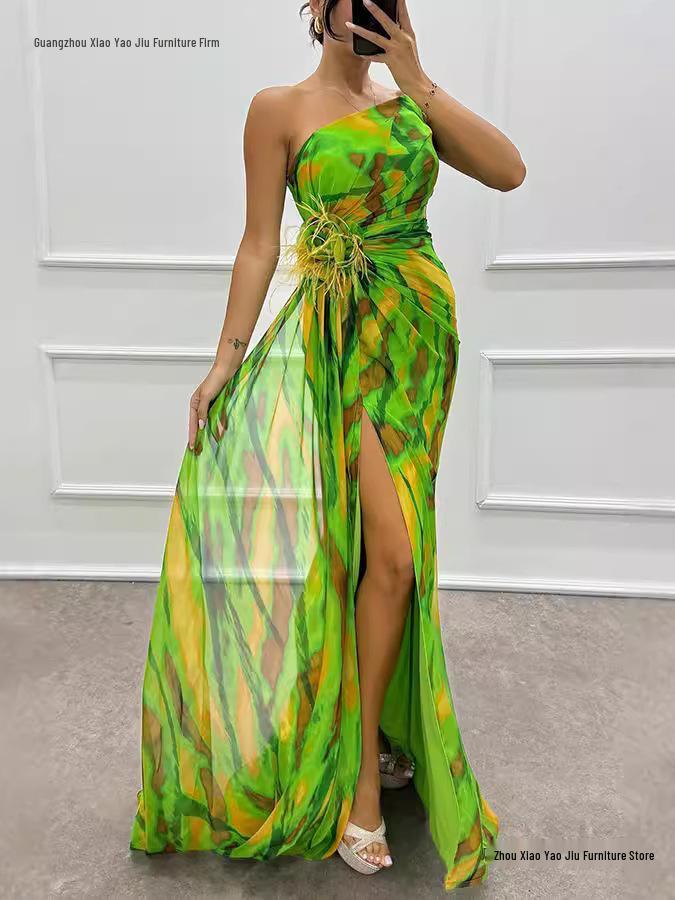 2026 European Chiffon Printed Split Long Casual Party Dress for Women