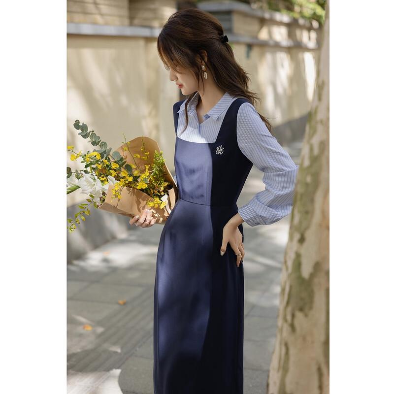 Demana Women s Faux Two-Piece Contrast Stripe Embroidered Midi Dress M