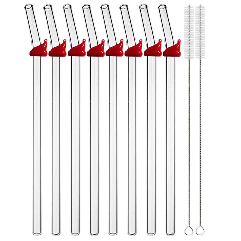 

8Pcs Christmas Reusable High Borosilicate Glass Drinking Straws Bent Straw Set with Brush Milk Shake Cocktail Straw Bar