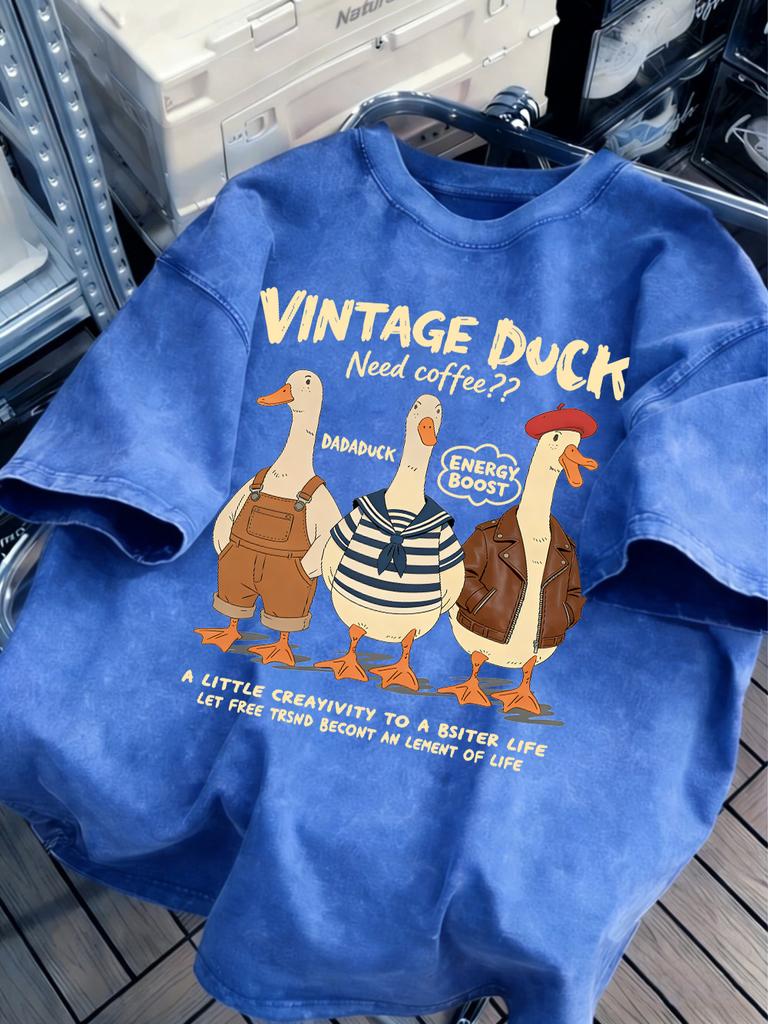 Vintage Duck Need Coffee Cotton Washed TShirts Womens Summer Oversized T Shirt ONeck Comfortable Distressed Tops Basic Clothes