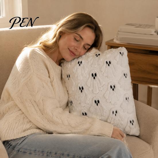 Fuzzy Ghost Throw Pillow Cover Halloween Cushion Cover, 18x18 Inch Covers Washable Plush Case for Sofa Couch Home Holiday Decor Accent Pieces