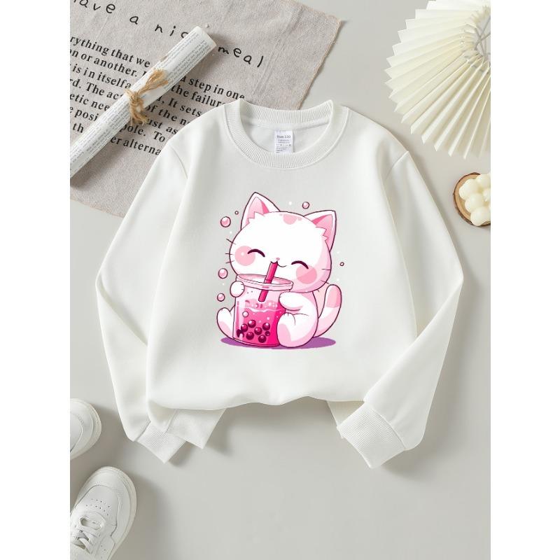 European Sizes Kids Sweatshirts, Girls' Autumn Winter Cute Cat Pink Bubble Tea Print Long Sleeve Round Neck Sweatshirt, Casual Daily Wear.