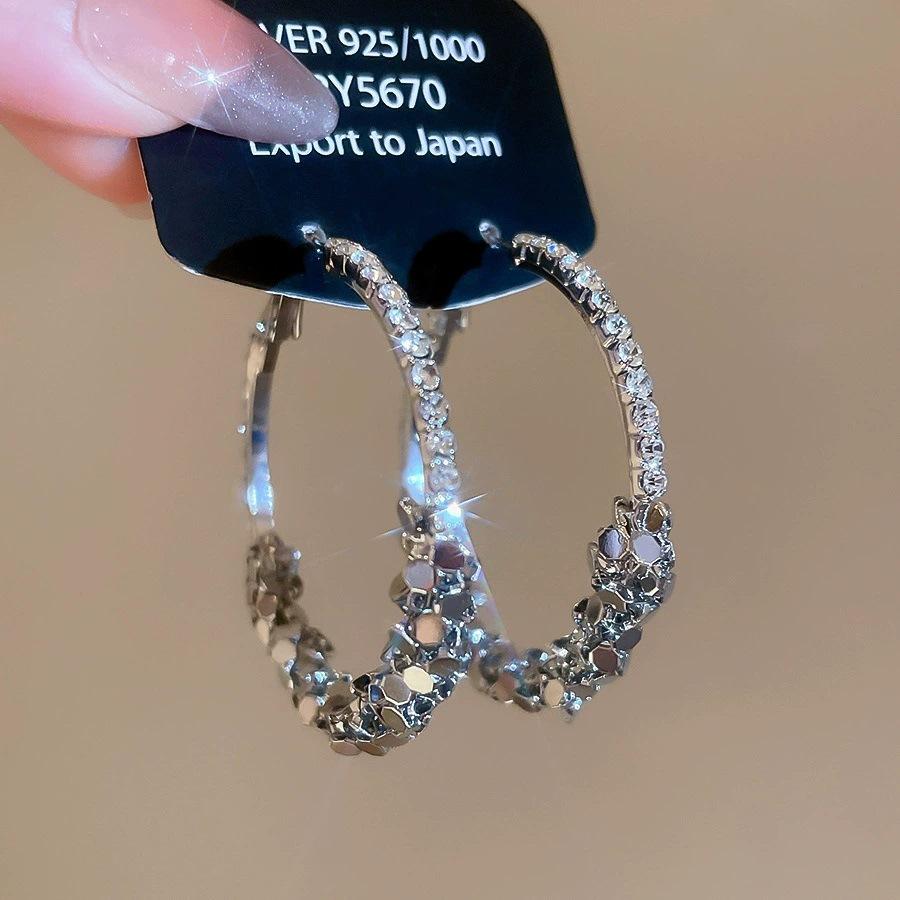 111 silver needle light luxury high-end circle earrings design sense sequins broken silver earrings fashion personalized earrings