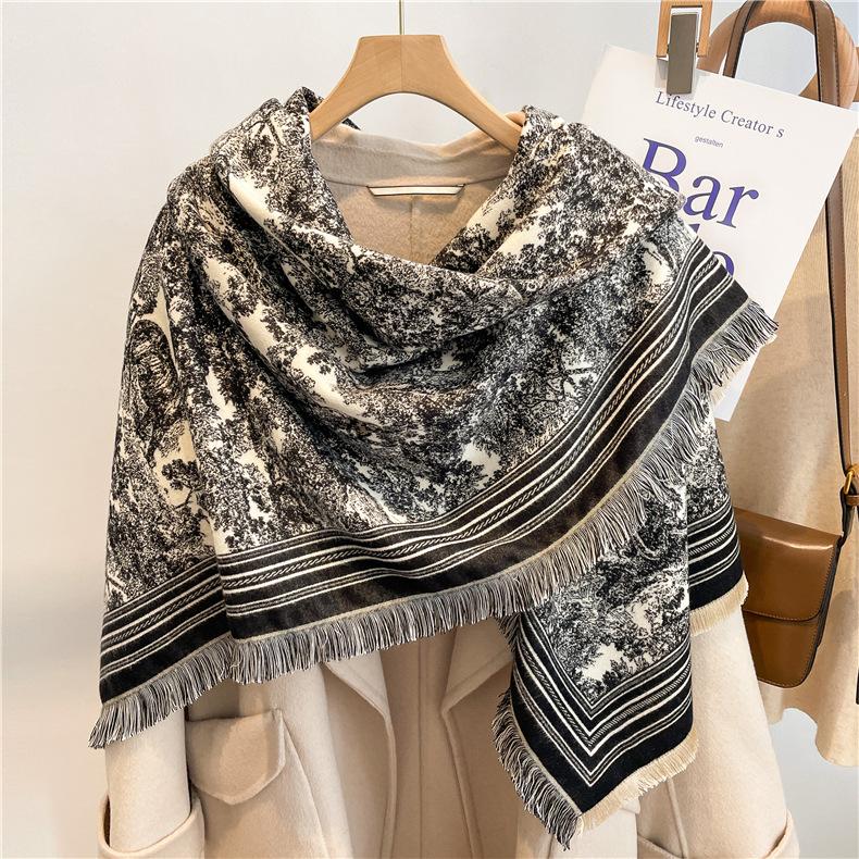 122*128cm Oversized  Imitation Cashmere Wrap with Tassels, Floral Travel Blanket Cape Pashmina Shawl for Women, Versatile scarf