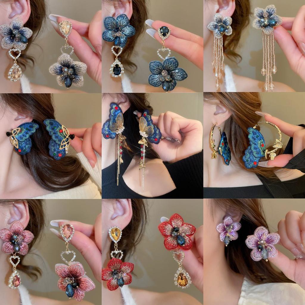 Silver Needle Fabric Flower Glass Fringed Earrings Medium Antique Temperament Stud Earrings Design Sense Niche Earrings