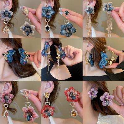 Silver Needle Fabric Flower Glass Fringed Earrings Medium Antique Temperament Stud Earrings Design Sense Niche Earrings