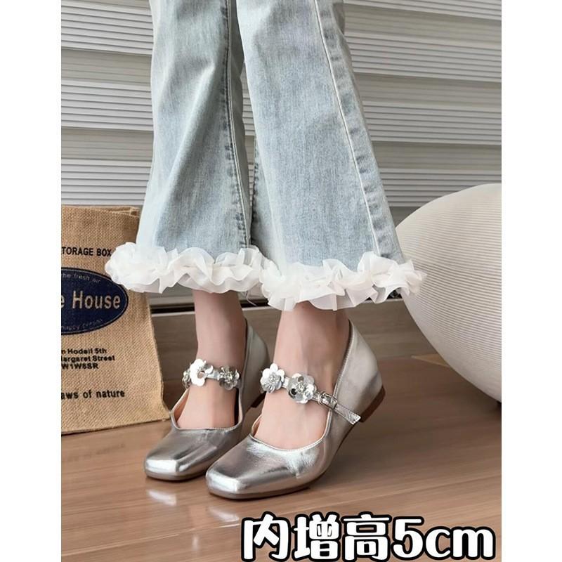 

French sequined silver small inner height increase 5cm light mouth single shoes women s Mary Jane evening shoes 40
