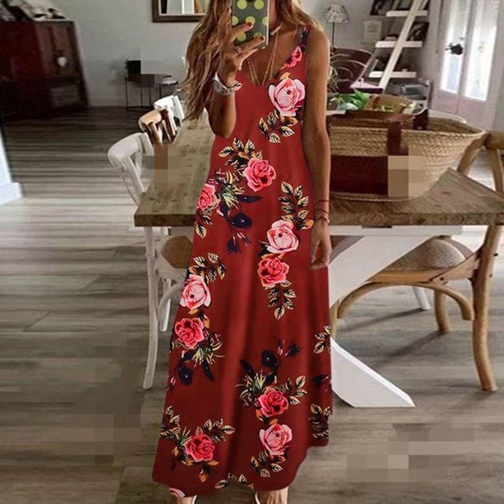 QUT Verano Mujer Sin Mangas Suelto Cuello en V Vestidos Maxi Casual Vestido  Largo comprar a buen precio — entrega gratuita, reseñas reales con fotos —  Joom