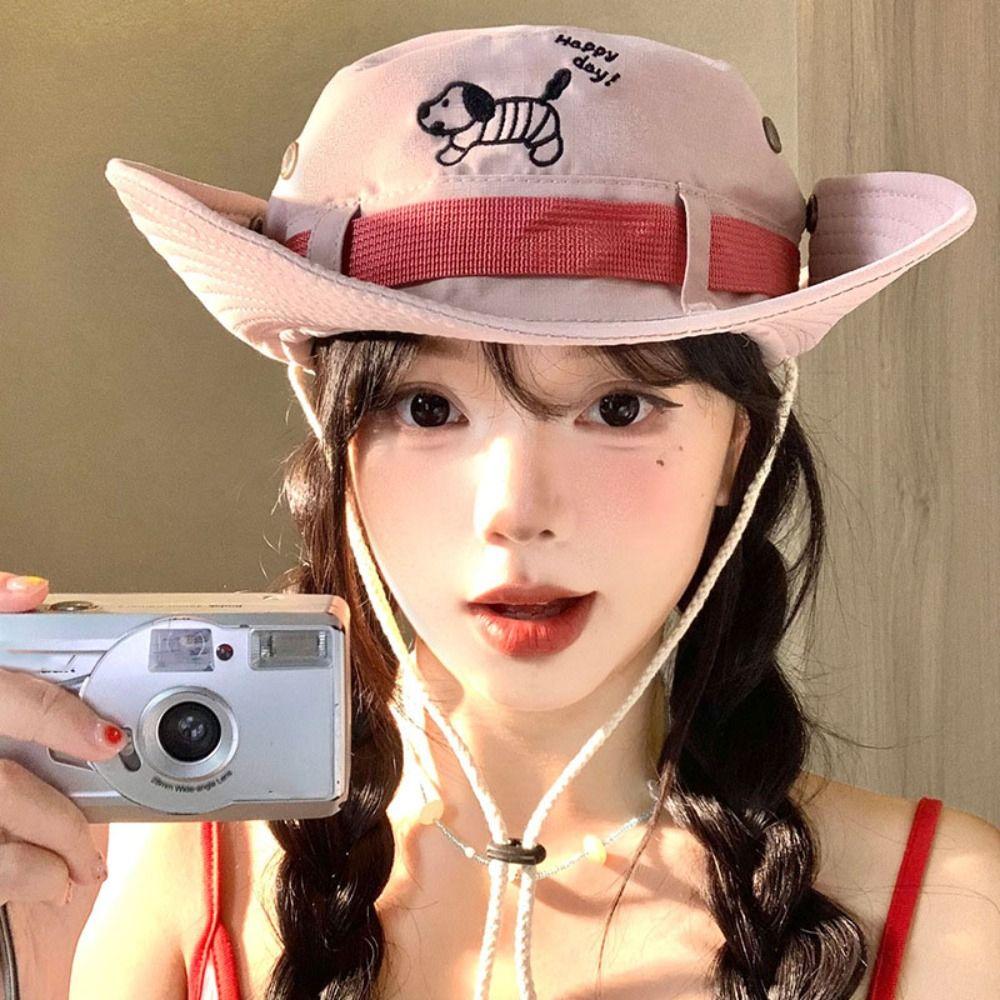 Y2K Puppy Bucket Hat Big Brim Sunscreen Fisherman Hat Retro Western Cowboy Hat  Outdoor