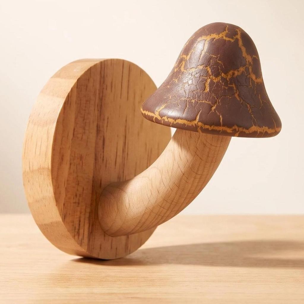 Wooden Mushroom Hook with Backplate Nature-Themed Crackle-Finish Wall