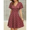 QICED Fashion Summer Spring  V-Neck Short Sleeve Casual Dresses