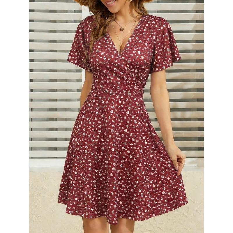 QICED Fashion Summer Spring V-Neck Short Sleeve Casual Dresses
