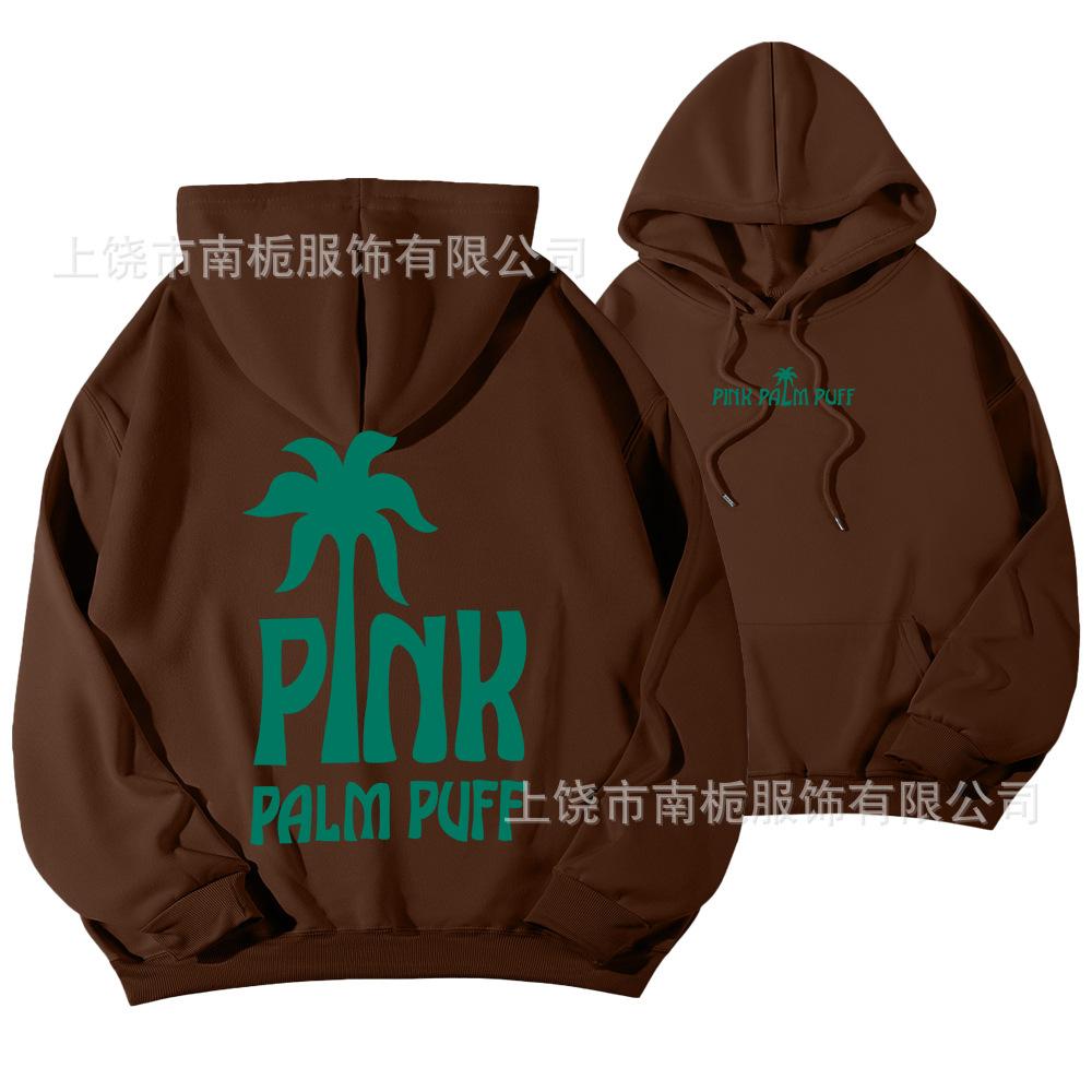 Women's Hooded Long Sleeve Drop Shoulder Pullover Sweatshirt Palm Tree "PINK PALM PUFF" Back Letter Print Casual Hoodie