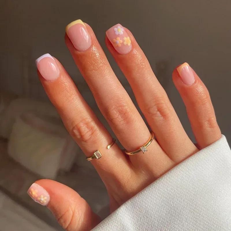 24Pcs Simple Square False Nails Short French Fake Nails Press On Colorful Flowers Design Full Cover Nail Tips Manicure Tools