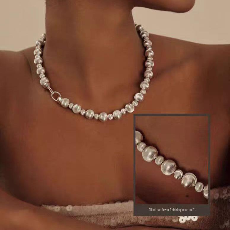 2024 Silver Brushed Ball Flower Carved Clavicle Necklace
