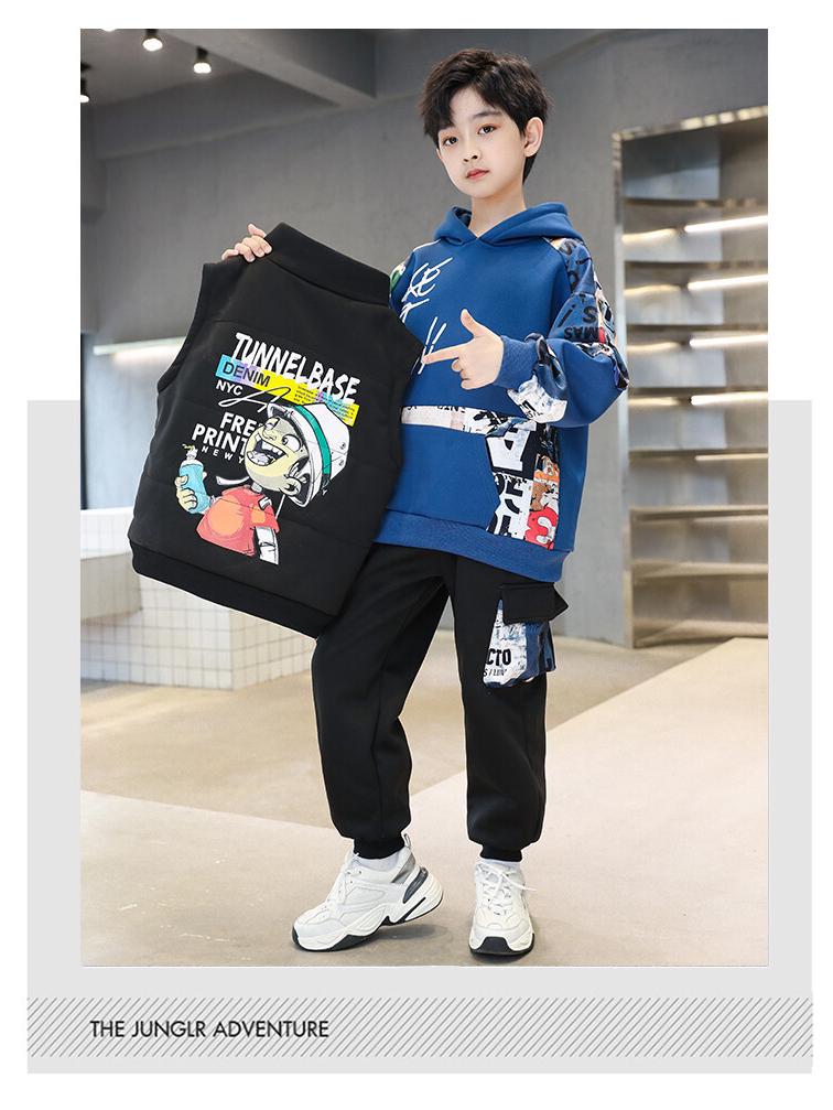 2025 Modny chłopięcy zimowy zestaw bluz dresowych z podszewką z polaru - Ciepły, gruby, stylowy trzyczęściowy zestaw dla chłopców