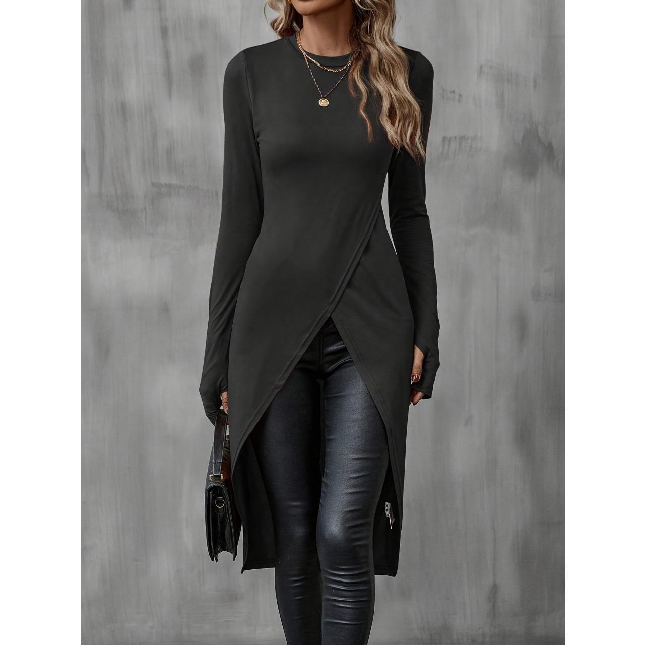 

Autumn and Winter Round Neck Fashionable Slim Fit Long Sleeved Sexy Slit Women s Dresses S