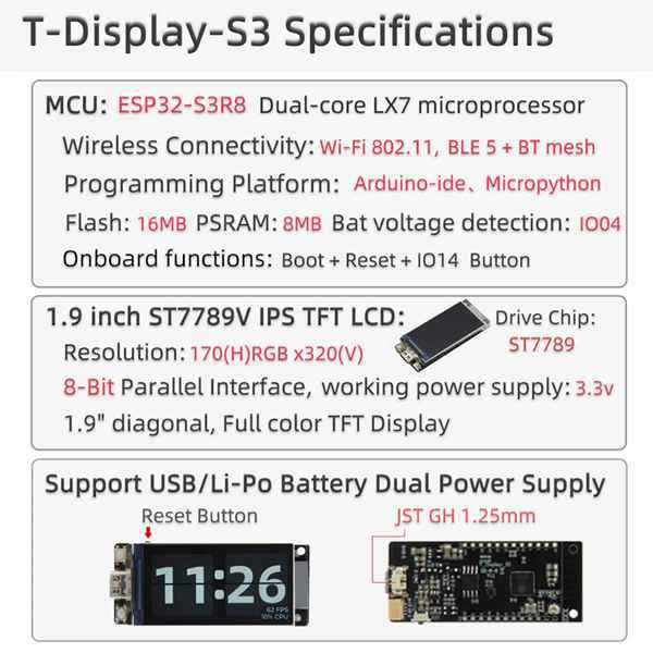 ESP32-S3R8 T-Display-S3 (Black, PCB)