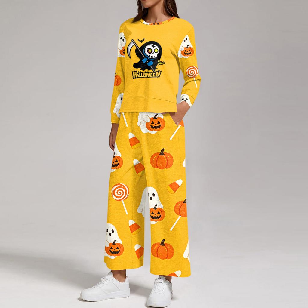 Women's Halloween Print Sweatshirt and Jogger Set, Crewneck Loose Fit with Side Slit Hem