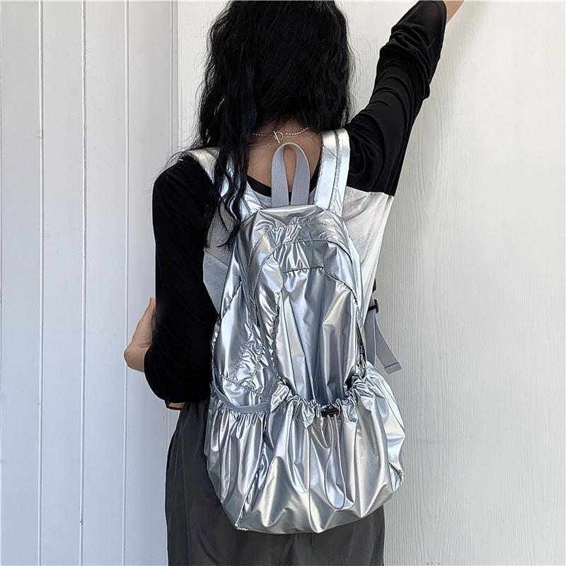 New drawstring pleated silver backpack women's wind light girls casual large capacity backpack women