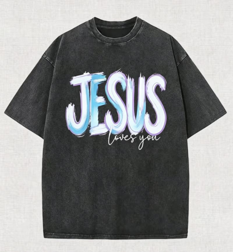 Gradient Brush Jesus Loves You Letter Graphic TShirt Vintage Washed Crew Neck Loose Casual Short Sleeve Daily Street Style Top