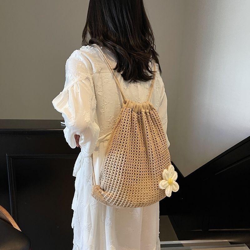 Solid Color Knitting Shoulder Bag Large Capacity Bohemian Crochet Backpack Hollow Out Beach Travel Female Shopping Tote Bag