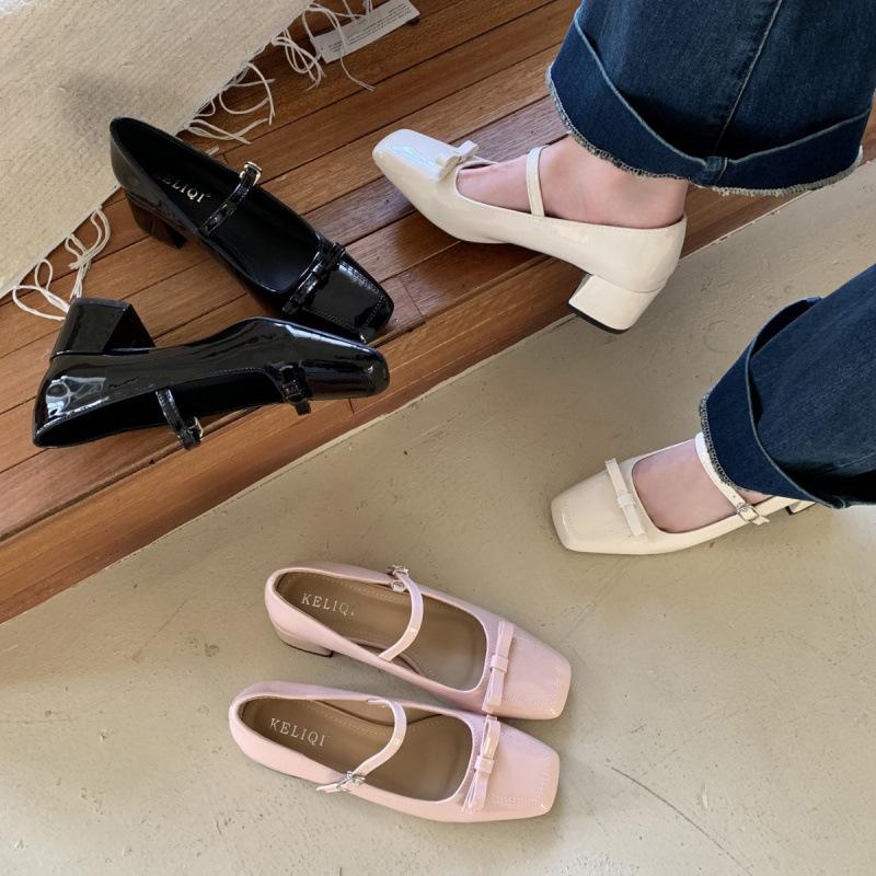 2025 spring new one-word with bow light mouth thick heel Mary Jane versatile OL work commuter women's shoes