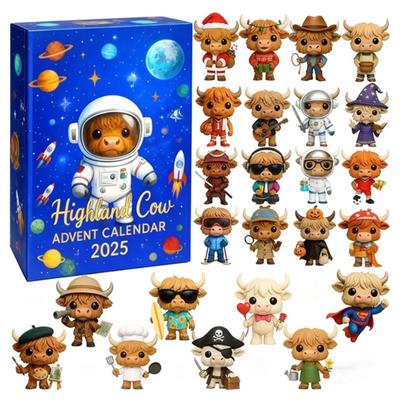Astronaut Highland Cow Advent Calendar 24 Days Acrylic Ornament Box with Space Themed Surprises Christmas Countdown Decor for Kids
