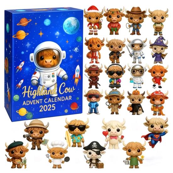 Astronaut Highland Cow Advent Calendar 24 Days Acrylic Ornament Box with Space Themed Surprises Christmas Countdown Decor for Kids