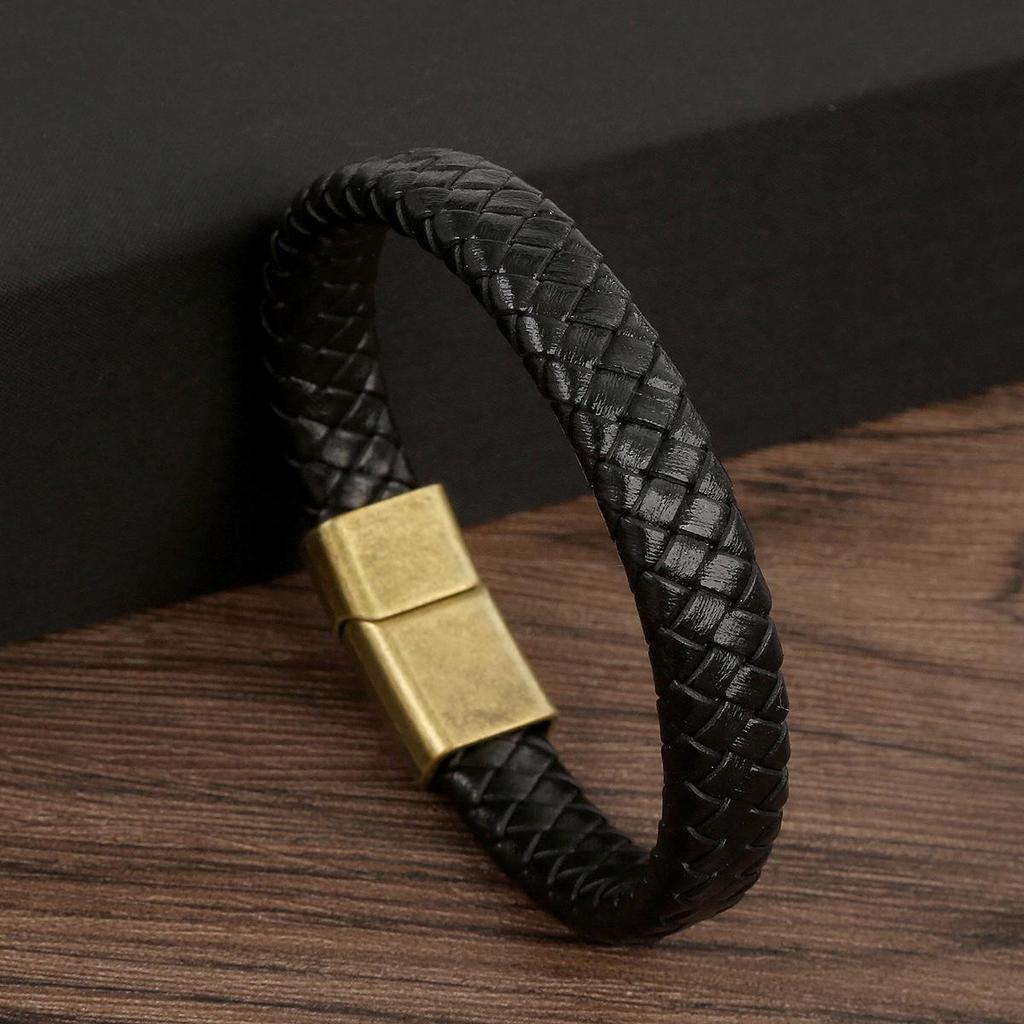 Men's Genuine Leather Woven Bracelet with Alloy Magnetic Buckle