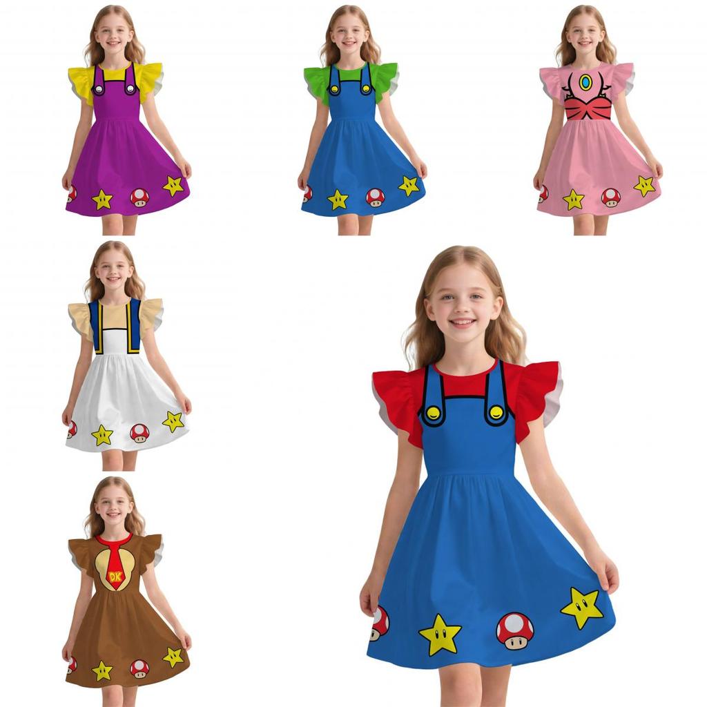Carino Pigiamino da Bambina Super Mario con Manica Svasata Stile Principessa per Età da 3 a 8 Anni