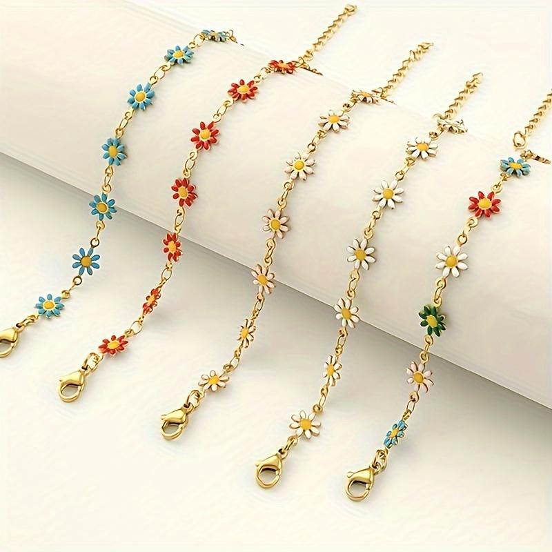 1pc Exquisite Enamel Daisy Flower Stainless Steel Ladies Bracelet Bohemian Style, Vacation Fashion Accessory