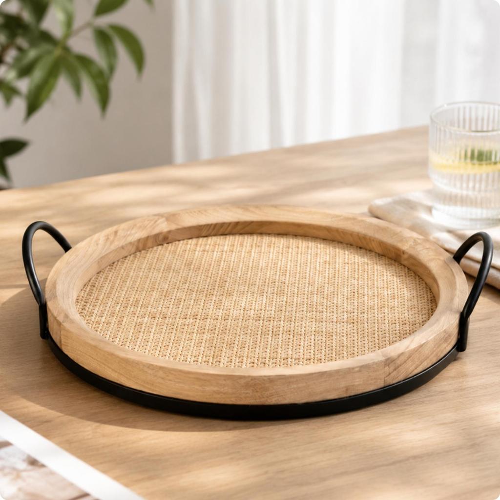 Serving Tray with Woven Inset Elegant Round Handles