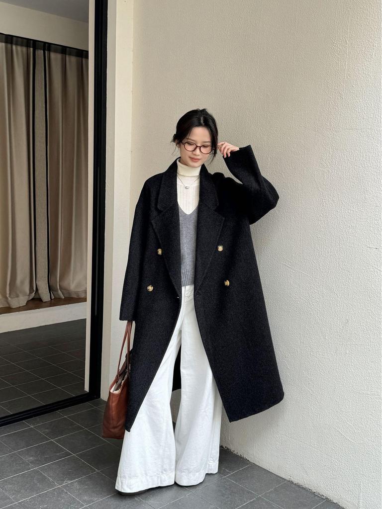 Luxurious Hand-Stitched Korean Cocoon Double-Faced 100% Wool Coat