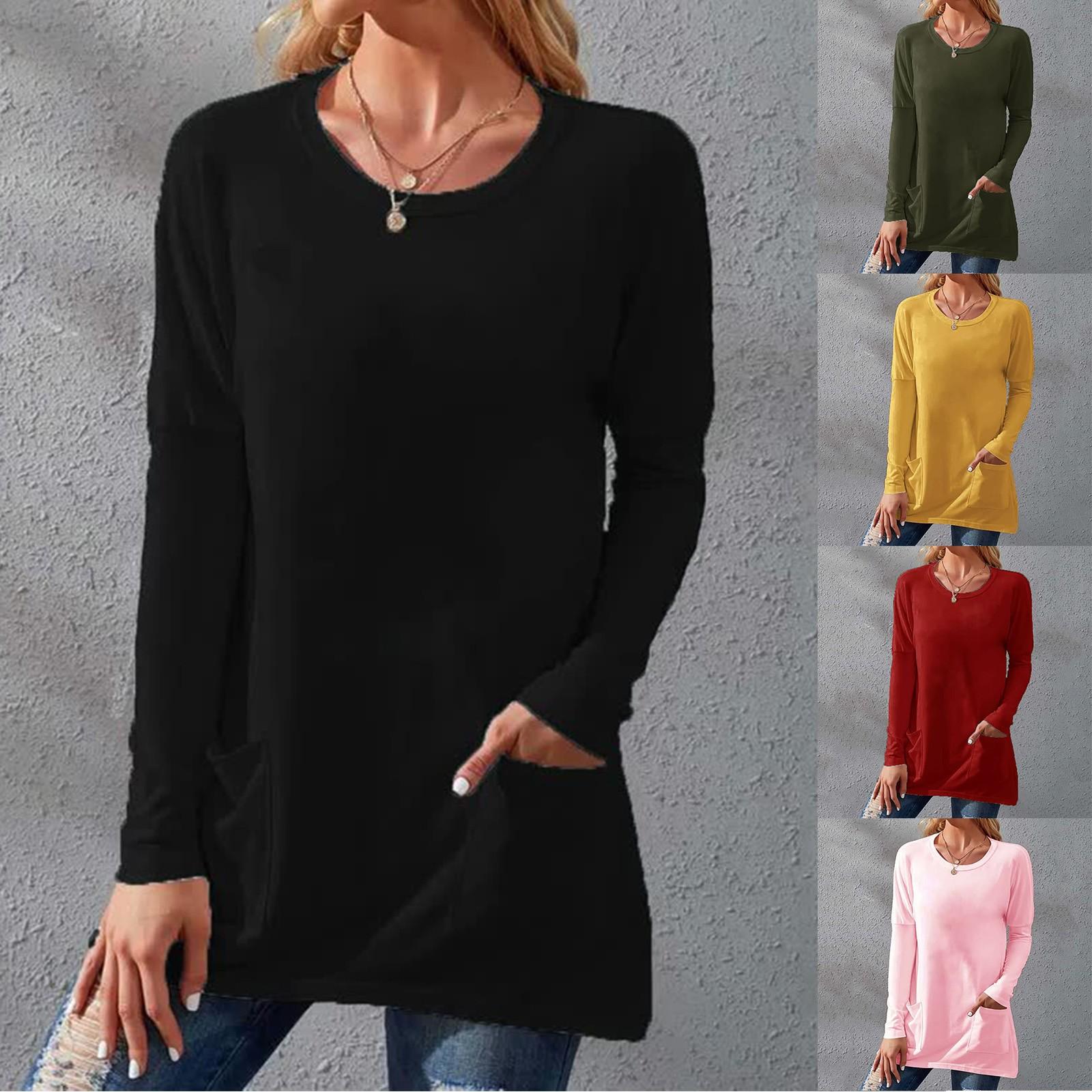 

Ladies Casual Fashion Solid Color Loose Round Neck Long Sleeve T-Shirt