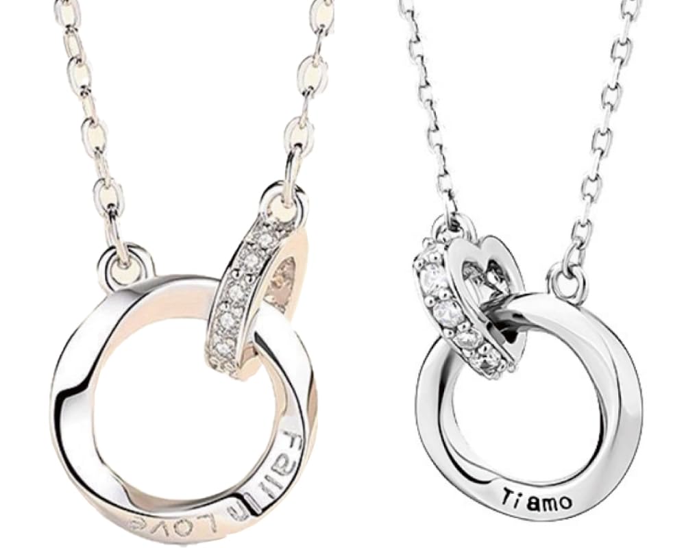 

[PACARON] Pair Necklaces, Matching Couple Rings, Heart Design, Gift Case & Paper Bag Included, Platinum ([Men s] White Zirconia + Silver - [Women s]