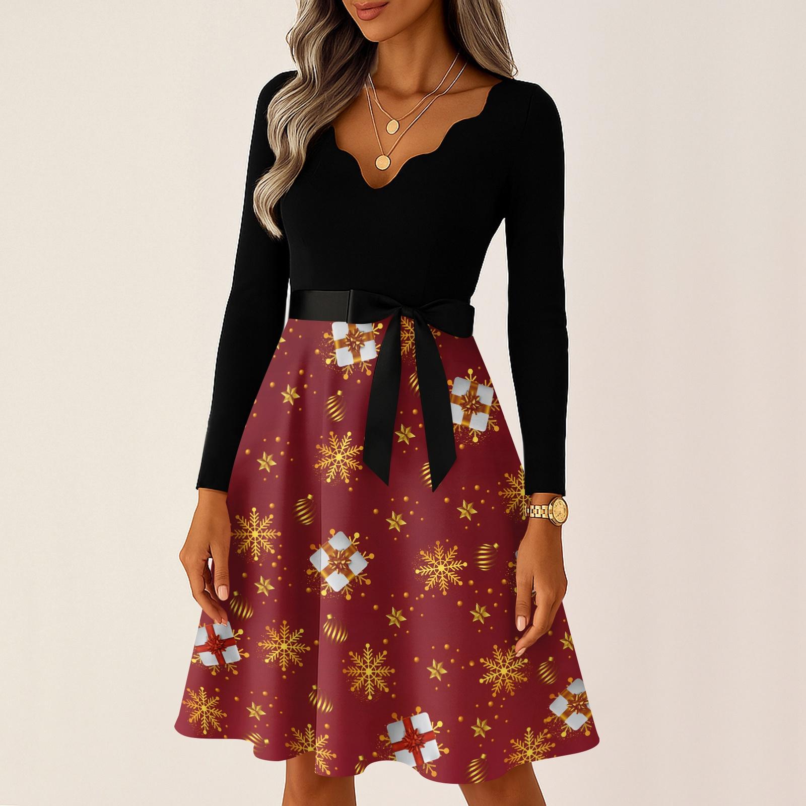 

Женские повседневные модные длинные платья с рождественским графическим принтом и длинными рукавами в винтажном стиле XL винный