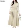 ZANZEA Women Casual Round Neck Mesh Splice Long Sleeve Dress