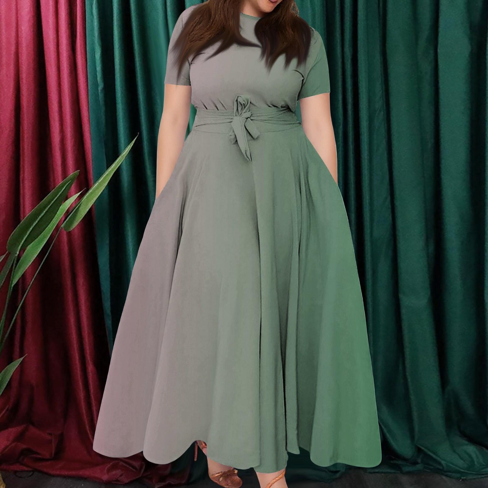 

Женское повседневное модное свободное платье большого размера с принтом, круглым вырезом и короткими рукавами, карманными бретелями XXL зелёный