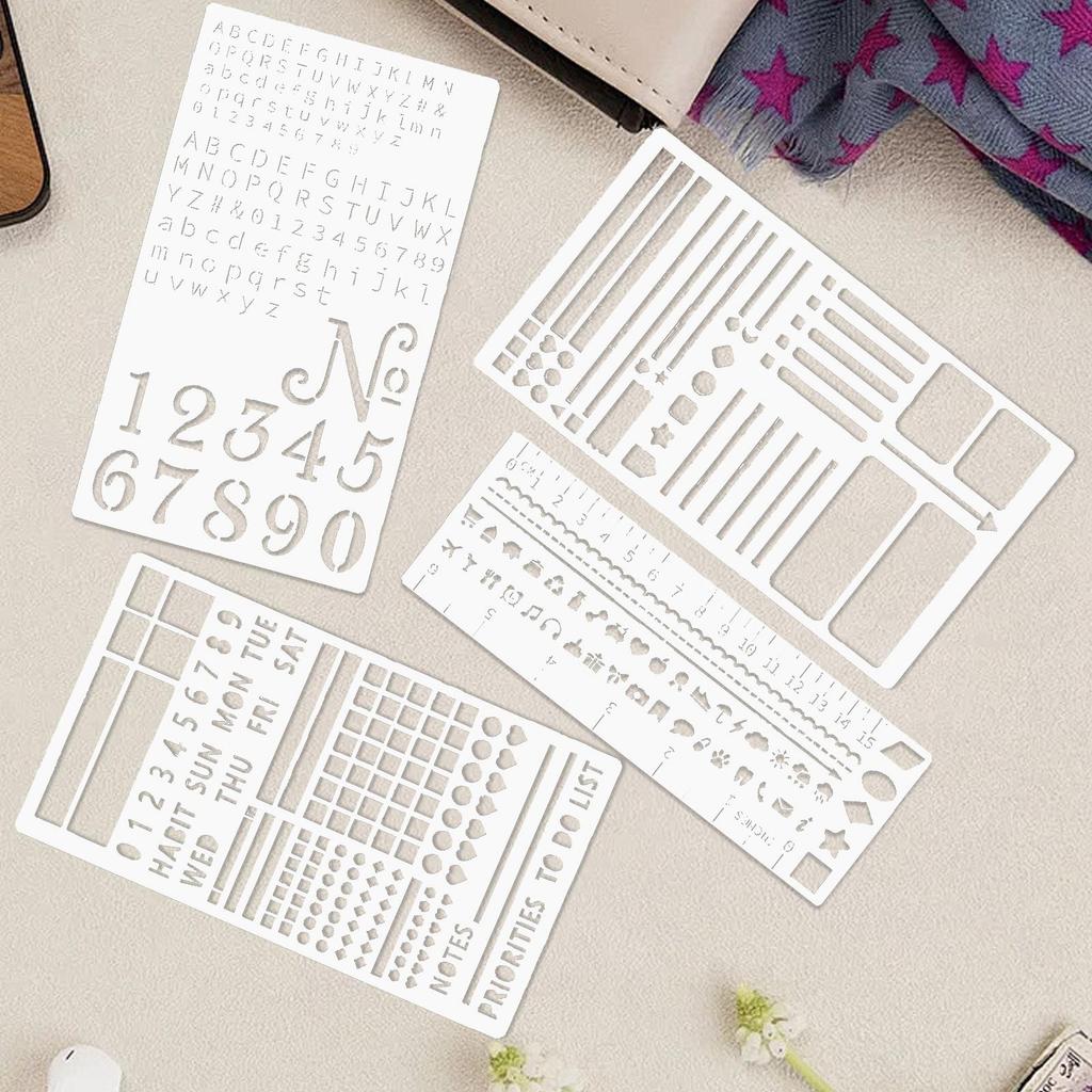 Journaling Stencils 4 Piece Rustproof Template Metal Stencils For Bullet Journaling For Tiny Letters Small Number Planner Habit