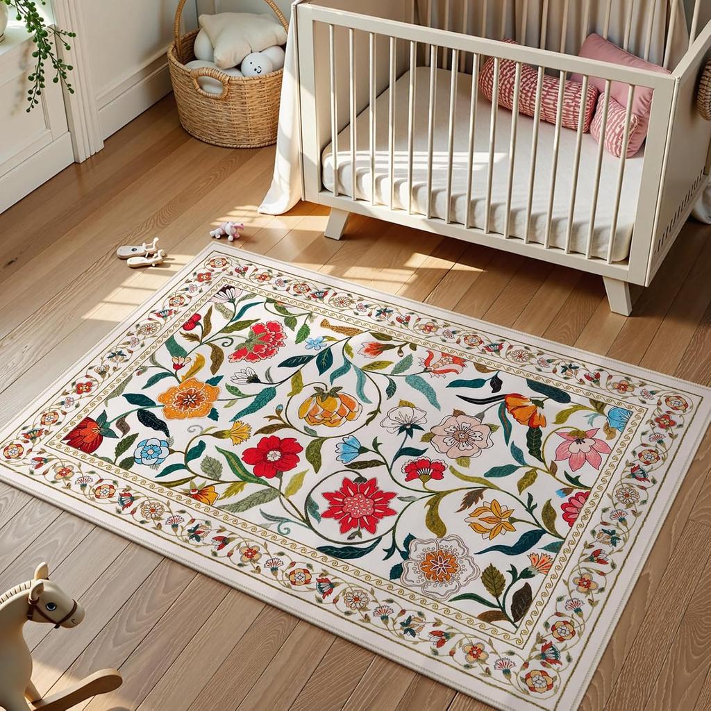 Alfombra con Patrón Floral Colorido Borde Floral Alfombrilla Antideslizante Adecuada para Dormitorio Sofá Entrada Decoración del Hogar