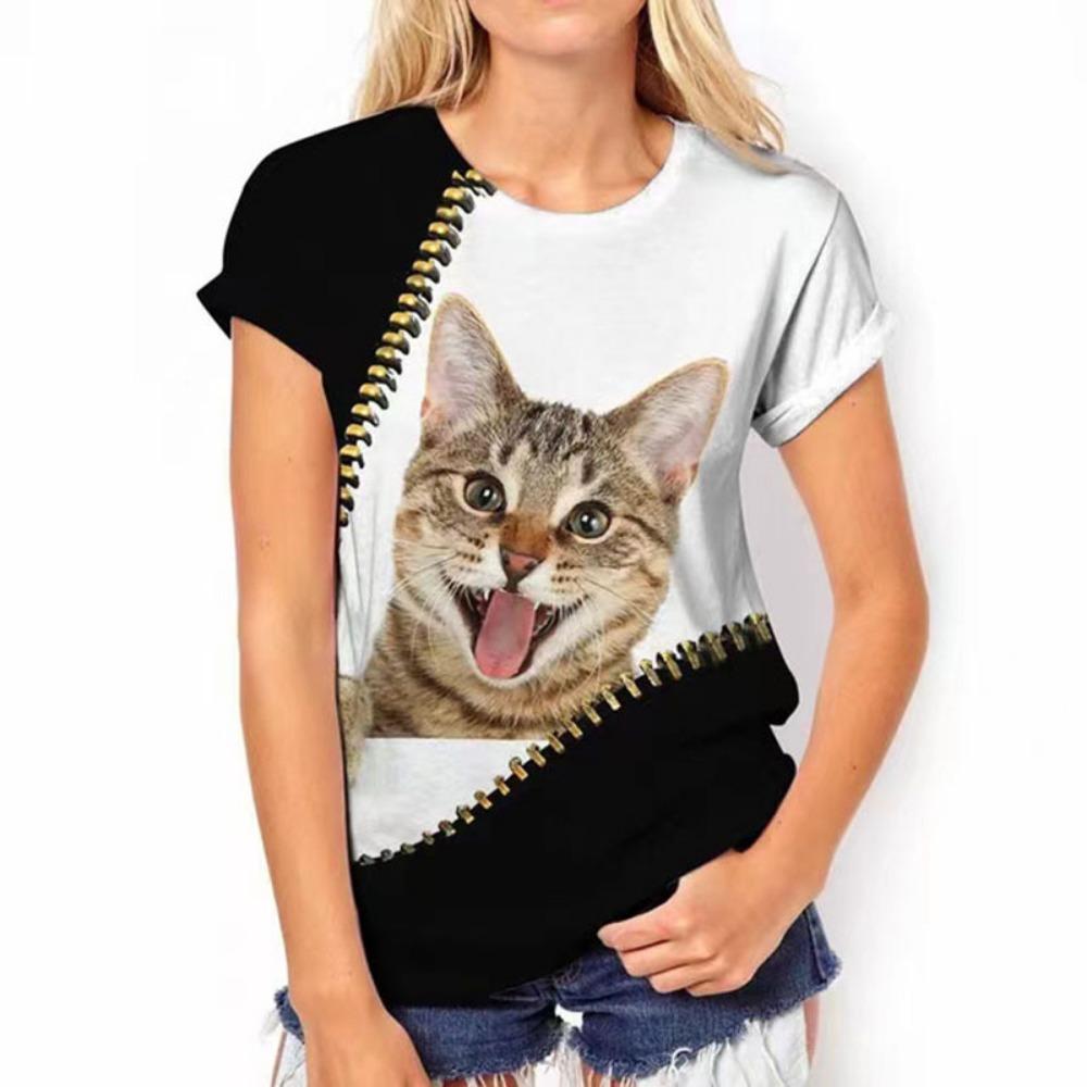 Cute Cat 3D Digital Printed Women's Fashionable Casual Round Neck Short Sleeved T-shirt