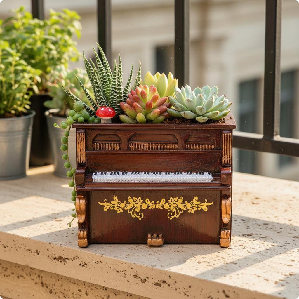 Klavier Pflanzgefäß Retro Design Klavier Blumentopf Harz Pflanzgefäß Luxuriöser Look Heimdeko Artikel Handgefertigte Oberfläche für Terrasse, Balkon