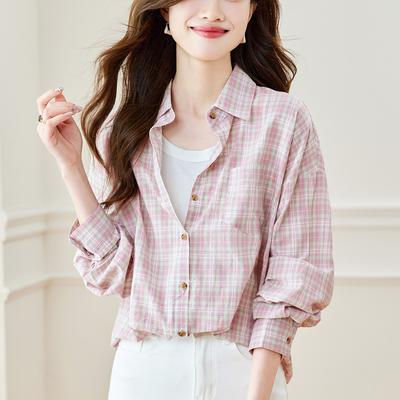 Pink Plaid Shirt for Women In Summer New Hong Kong Style Retro Shirt