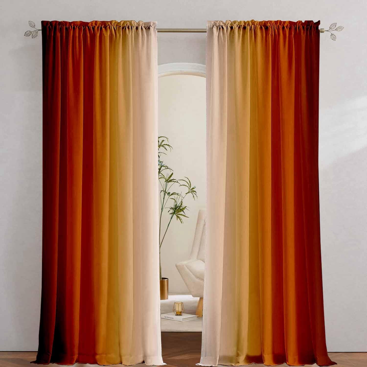 

Boho Mid Century Abstract Leaves Curtains Rainbow Living Room Curtain Burnt Orange Curtains For Bedroom Modern Geometric Drapes 53x116CM-2PC