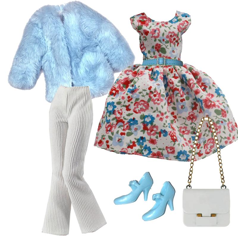1/6 Doll Clothes Fashion Mix Blue Fur Coat Style for 12 inch Fashion Doll Outfits Set Handmade 30cm Doll Clothing Accessories