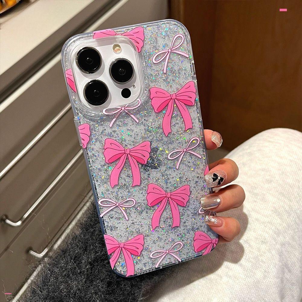 Pink bow for Apple 16 mobile phone case iPhone17promax glitter IMD15 silver foil 13/14 women