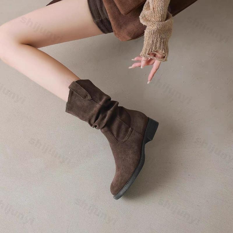 Fashion Vintage Women Cowboy Boots Autumn Winter Outdoor Non Slip Height Increase Shoes Comfortable Fashionable Platform Mid Calf Boots