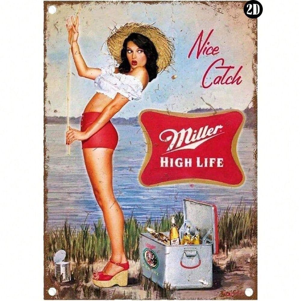 **Vintage Metal Poster, Pin Up Girl Wall Art, Bar Decor 8x12 Inch**