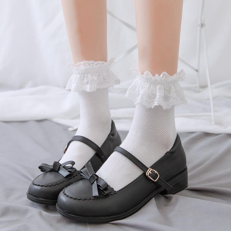 Women Socks Lace Lolita Jk Japanese Style White Black Solid Kawaii Girl Cotton Cute Ankle Socks for Famale
